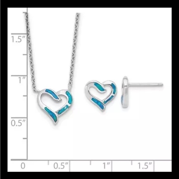 Sterling Silver Opal Heart 16in Necklace with 2in ext and Earring Set NEW - Picture 6 of 6